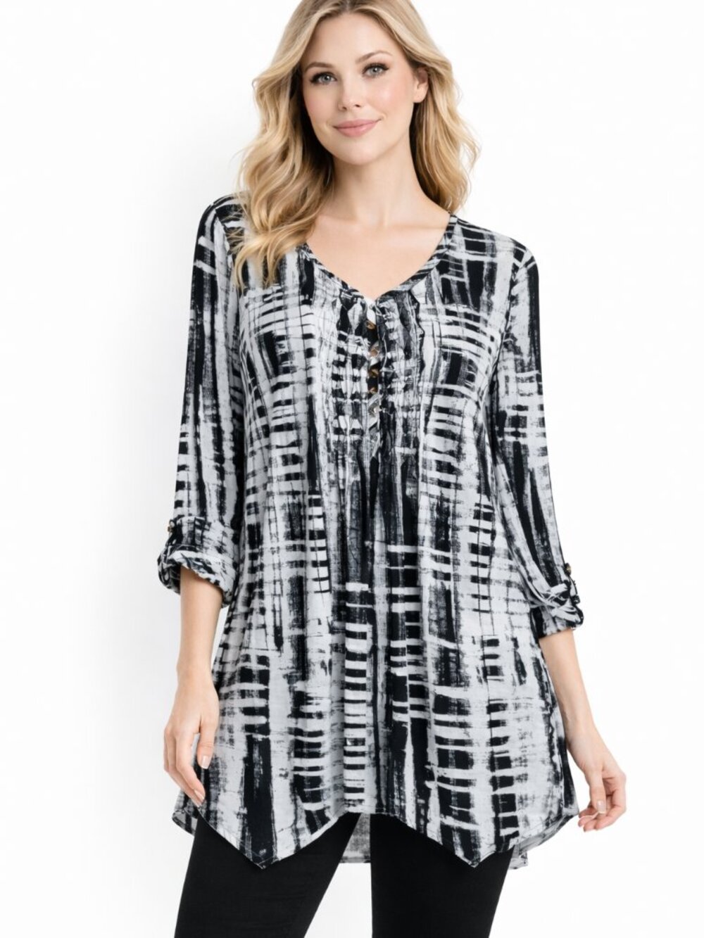 Cocomo Blouse 2X Shark Bite Tunic Top Boho Roll Tab Sleeve Black White Roll Tab